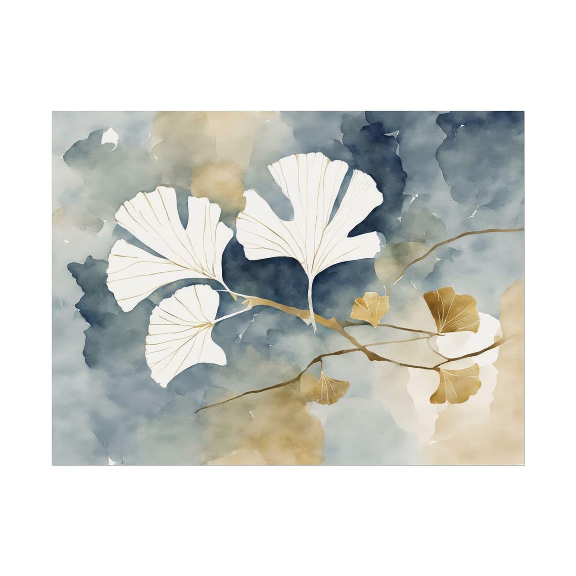 White Ginkgo Leaves on Blue Wash Abstract Botanical Watercolor Poster