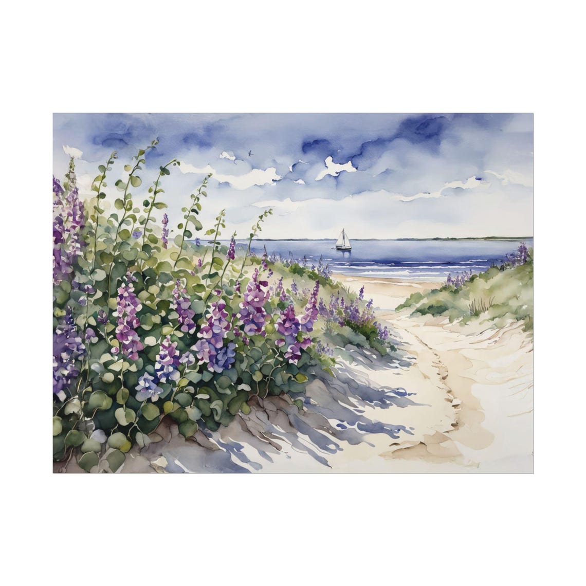 Cape Cod Beach Pea Flowers Purple Wildflowers Dunes Sailboat Wall Art