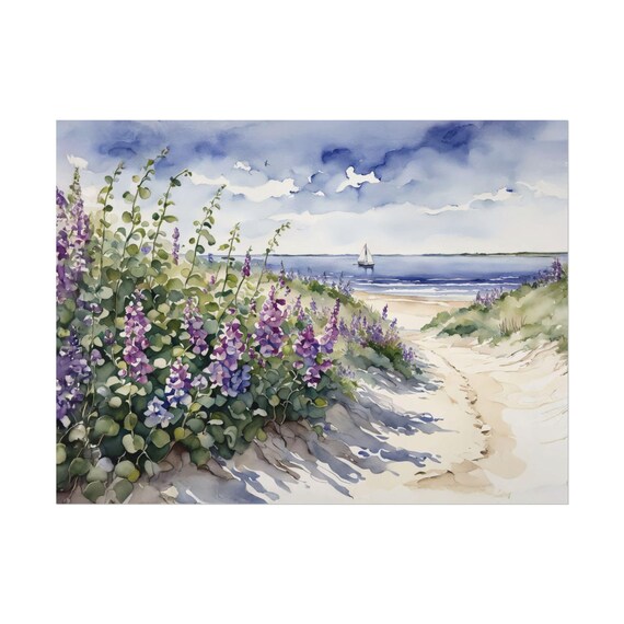 Cape Cod Beach Pea Flowers Purple Wildflowers Dunes Sailboat Wall Art