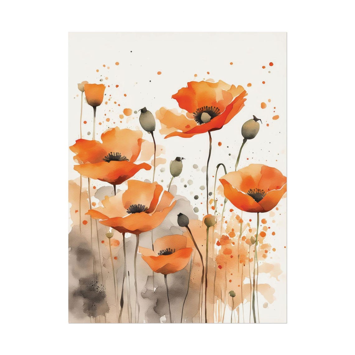Orange Poppy Wildflowers Watercolor Loose Floral Botanical Poster
