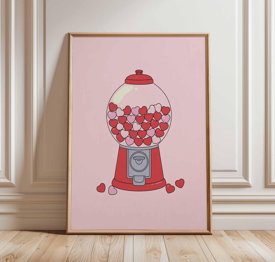 Heart Gumball Machine Poster Cute Pink Wall Art Retro Candy Decor Print Valentine Illustration Fun Love Artwork