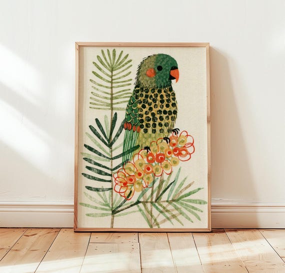 Green Lorikeet Print Botanical Bird Wall Art Screen Poster