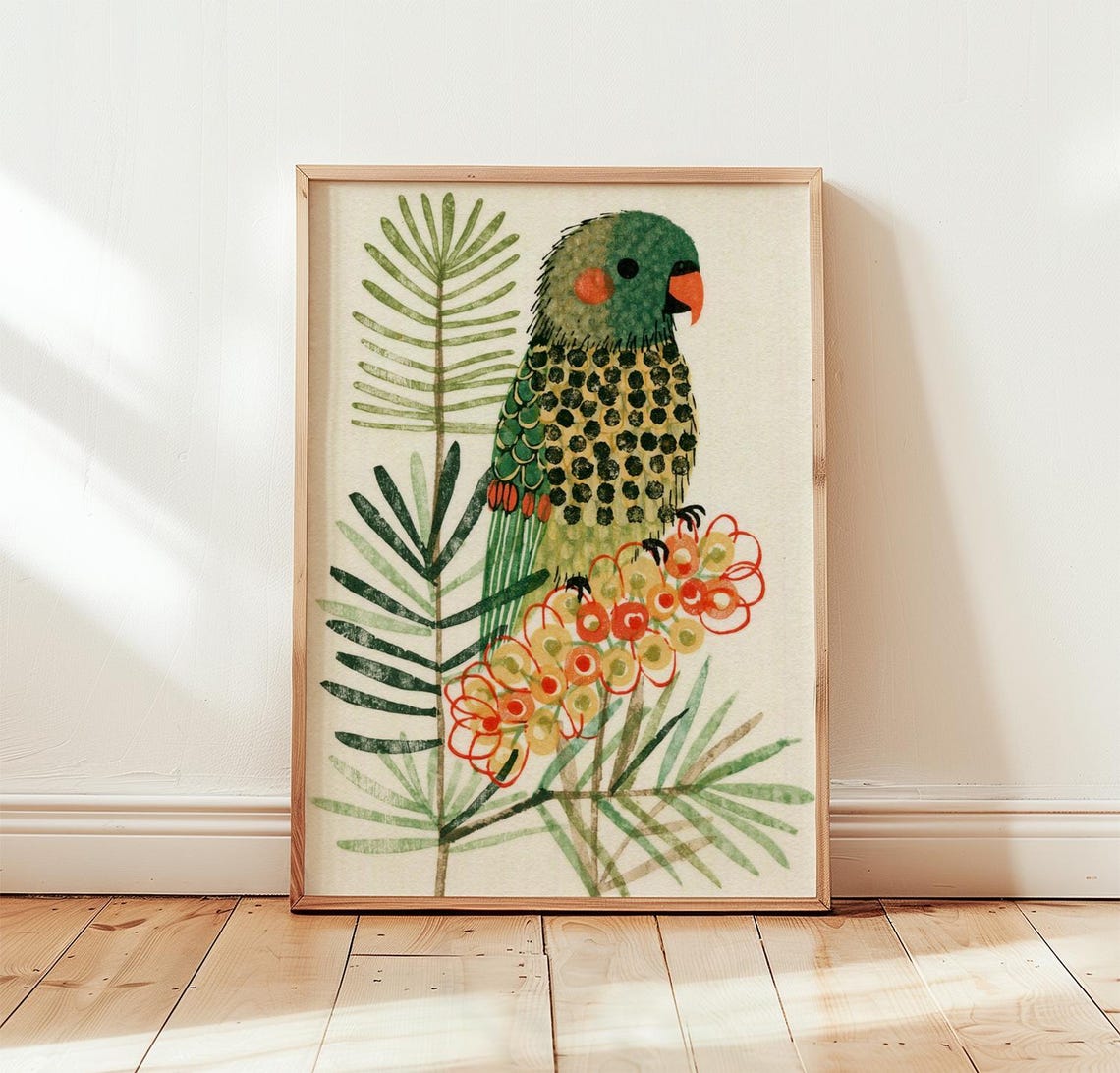 Green Parrot Watercolor Blossom Perch Colorful Bird Art Poster