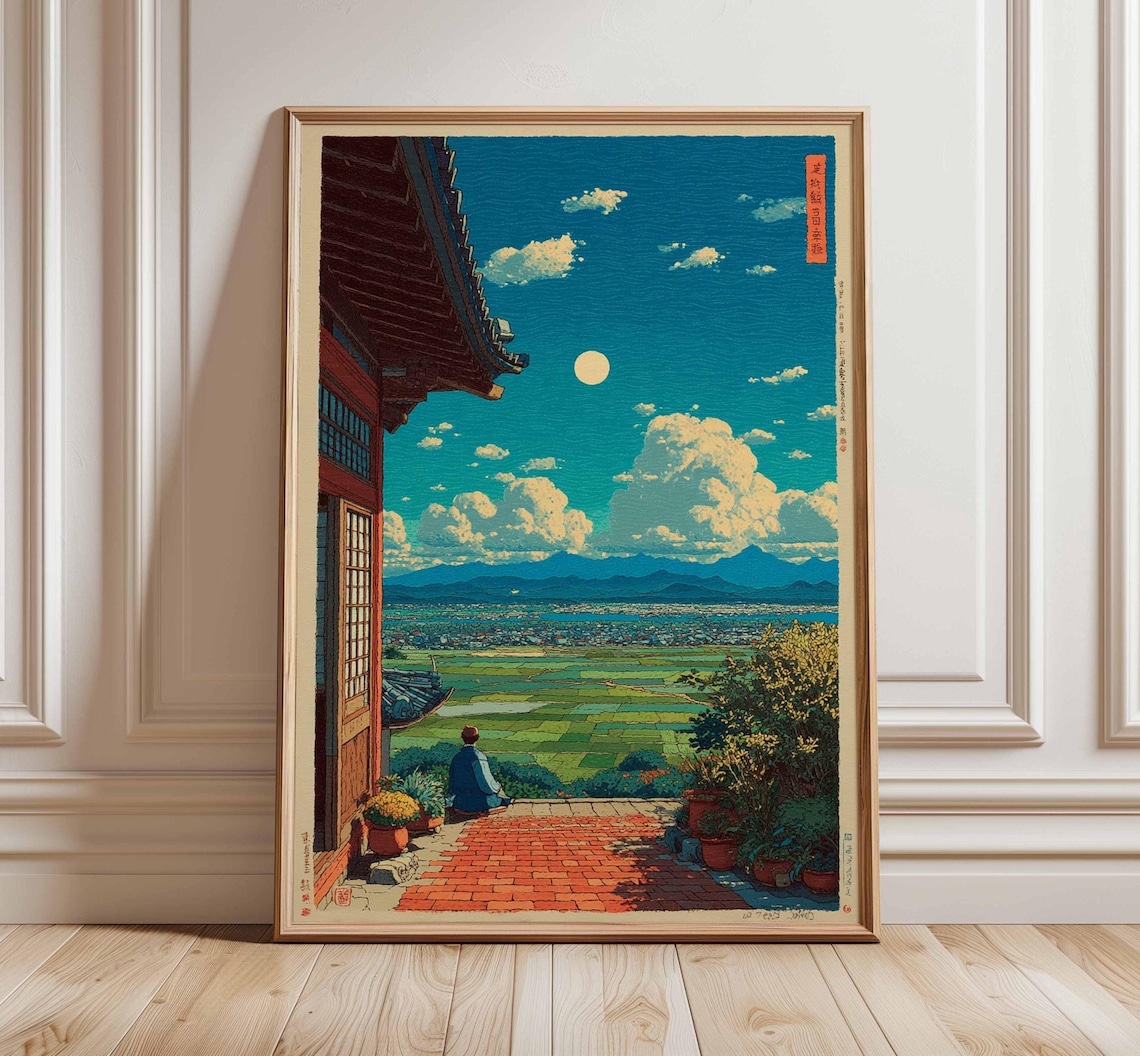 Japanese Landscape Poster, Moonlit Temple Rice Fields