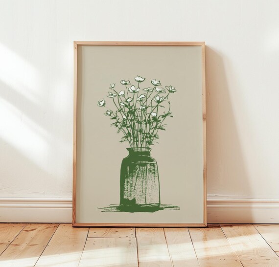 Green Wildflower Sketch In Glass Vase Minimalist Botanical Poster