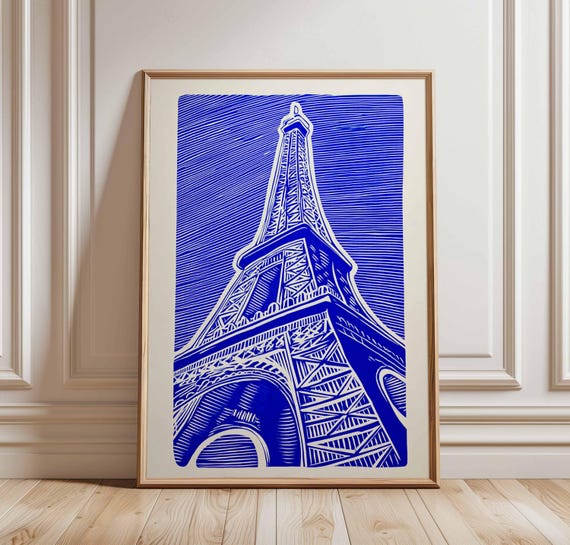Eiffel Tower Paris Travel Poster, Bold Blue Linocut