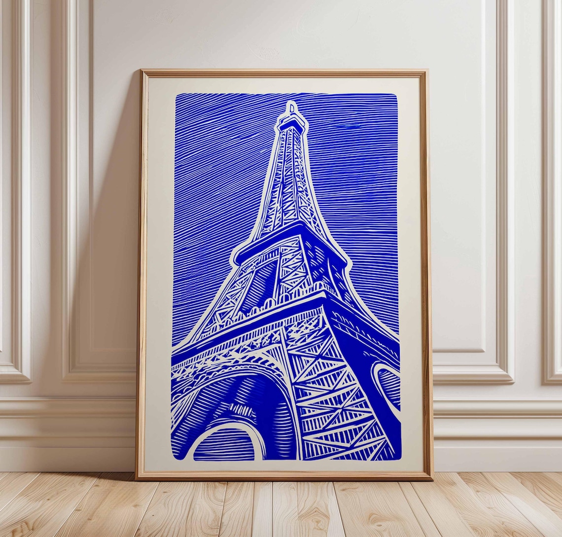 Eiffel Tower Paris Travel Poster, Bold Blue Linocut