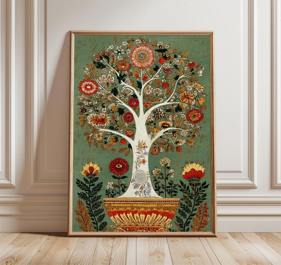 Folk Art Tree Of Life Vintage Botanical Poster