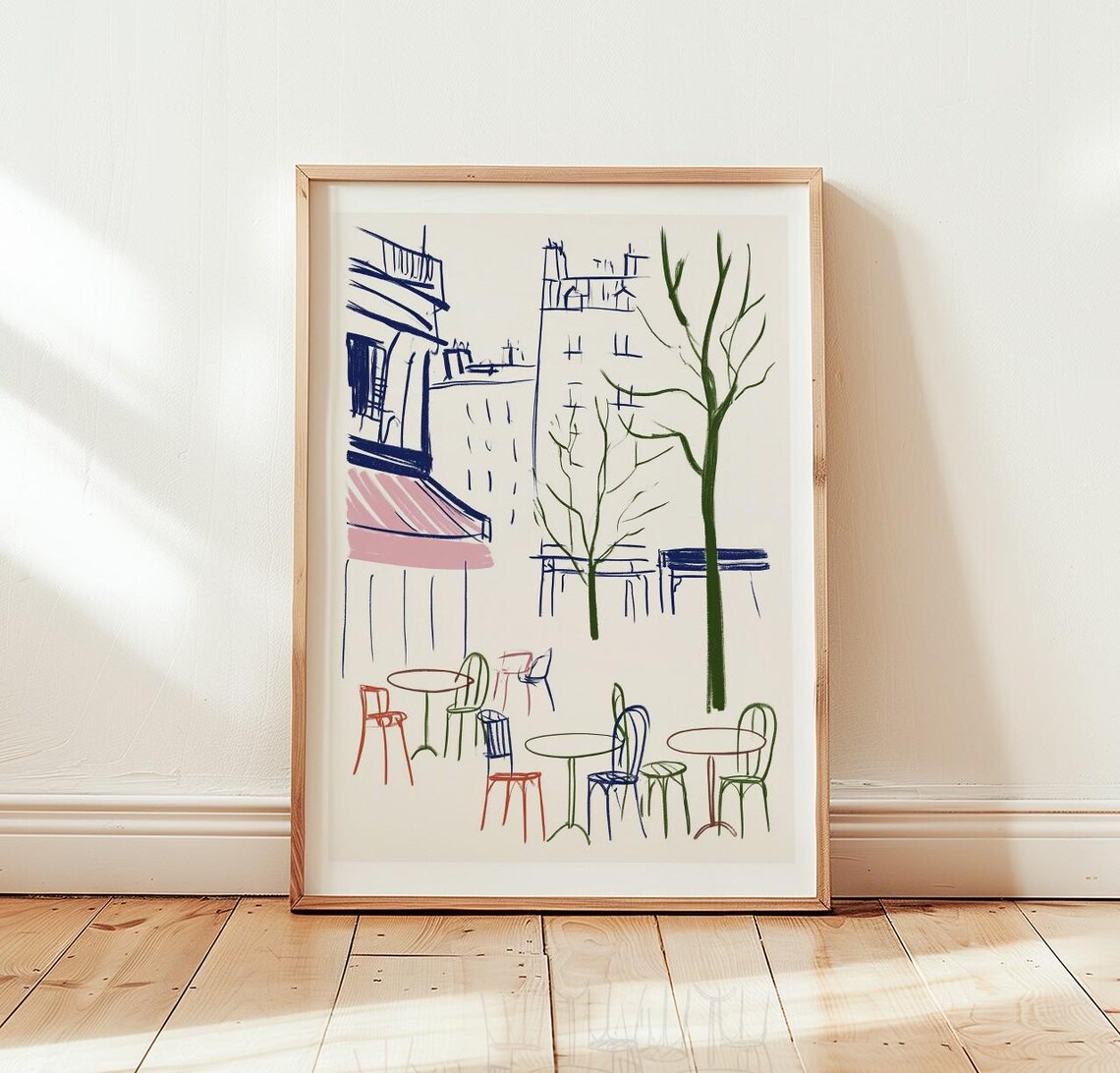 Parisian Street Cafe Sketch With Colorful Chairs Drawing Art Poster