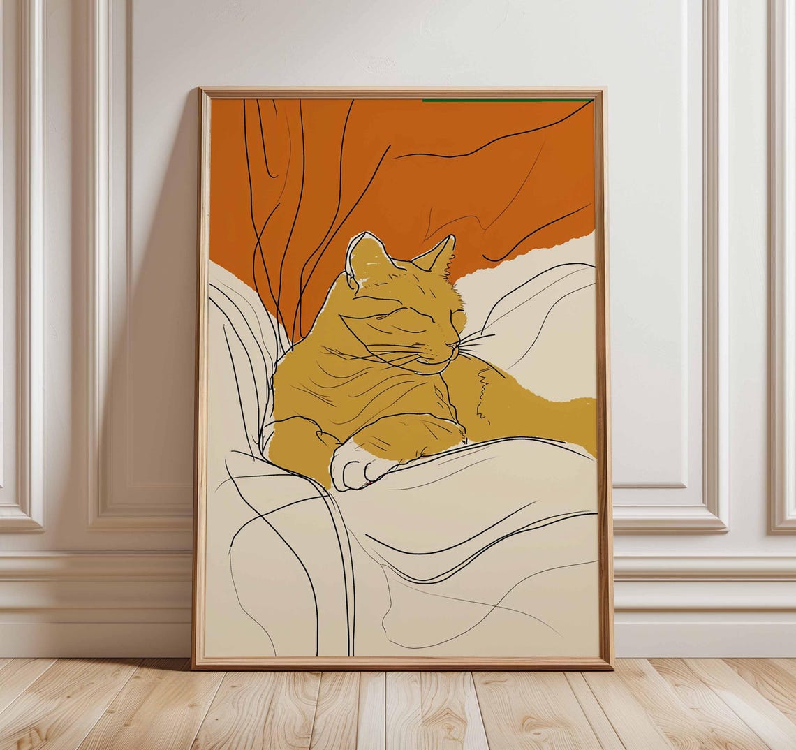 Minimalist Sleeping Orange Cat Line Art Illustration Wall Poster