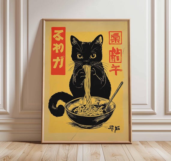 Japanese Cat Ramen Poster Print Retro Anime Style Noodle Art Cute Black Wall Decor Asian Food Kitchen Artwork
