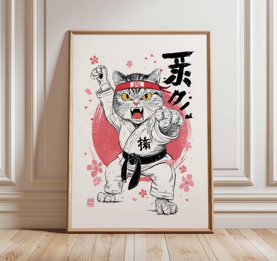 Karate Cat Poster Funny Martial Arts Wall Art Print Japanese Style In Kimono With Black Belt Cute Anime Inspired Artwork