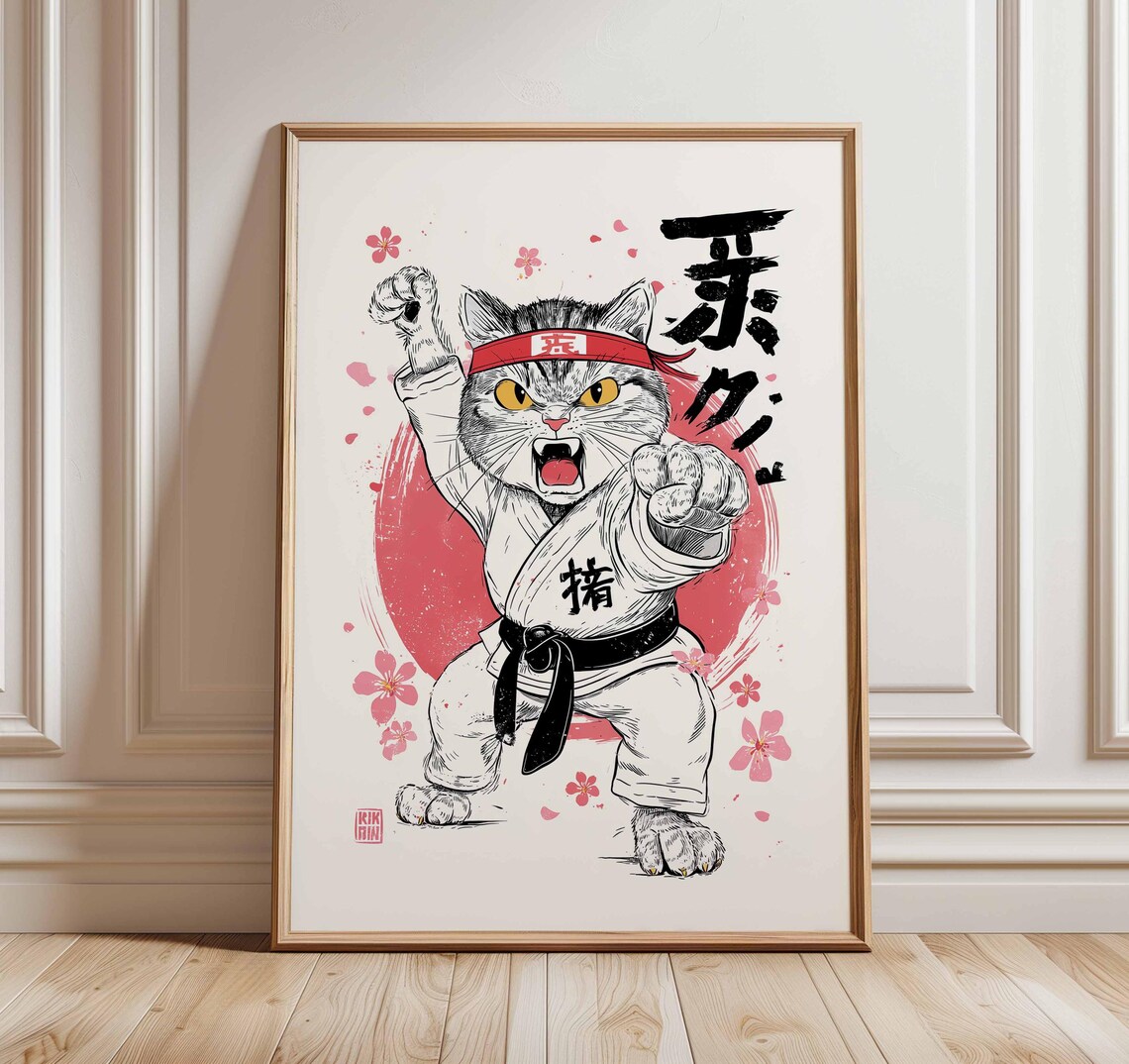 Karate Cat Japanese Martial Arts Funny Black Belt Animal Poster
