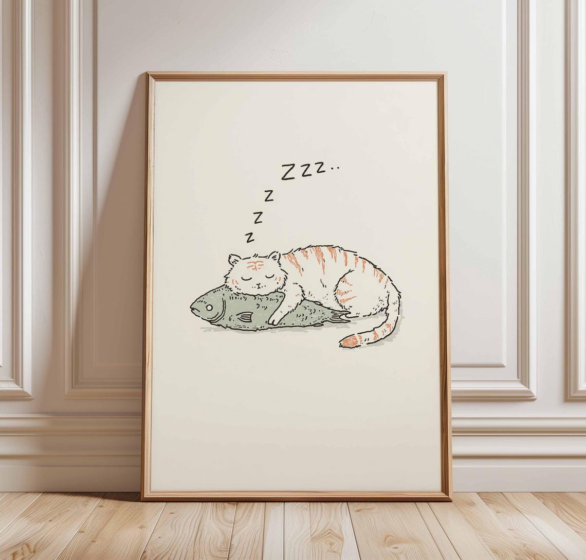 Snoozing Ginger Cat Cuddling a Fish Whimsical Animal Art Poster