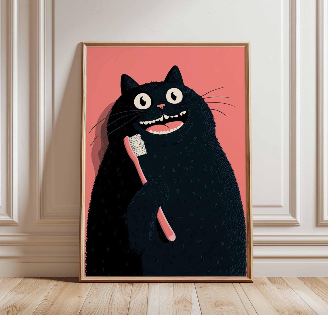 Funny Black Cat Toothbrush Quirky Bathroom Feline Illustration Poster