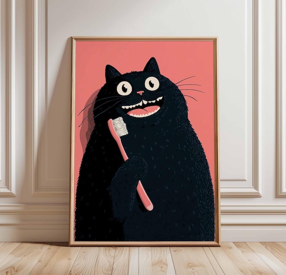 Funny Black Cat Toothbrush Quirky Bathroom Feline Illustration Poster