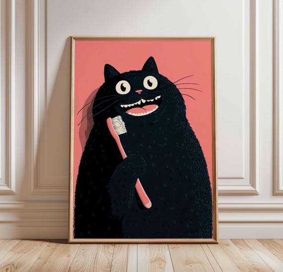 Funny Cat Poster Black Bathroom Art Quirky Animal Wall Print With Toothbrush Whimsical Illustration Cute Feline Decor
