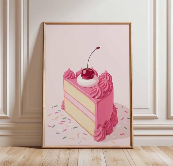 Cherry Cake Slice Wall Art Poster Pink Dessert Print With Frosting And Sprinkles Cute Unframed Kitchen Decor Pop Style Food Artwork