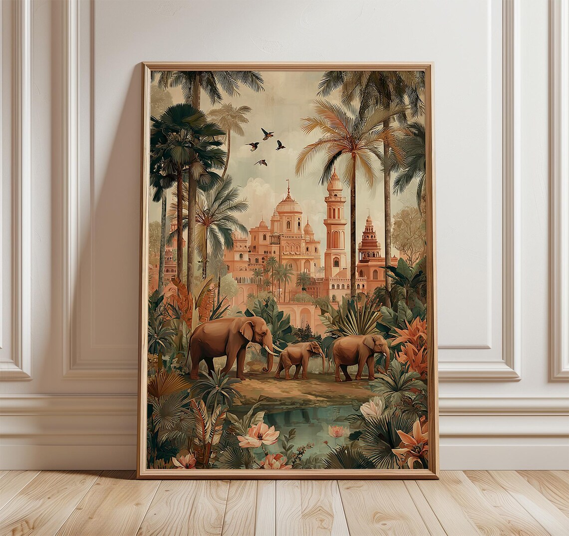 Elephant Jungle Indian Palace Vintage Illustration Print