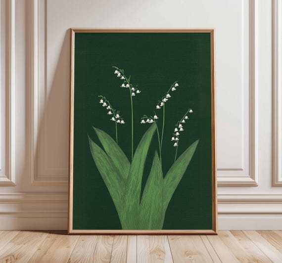 Lily Of The Valley Print Botanical Wall Art Dark Green Floral Poster Minimalist Flower Artwork Vintage Plant Illustration