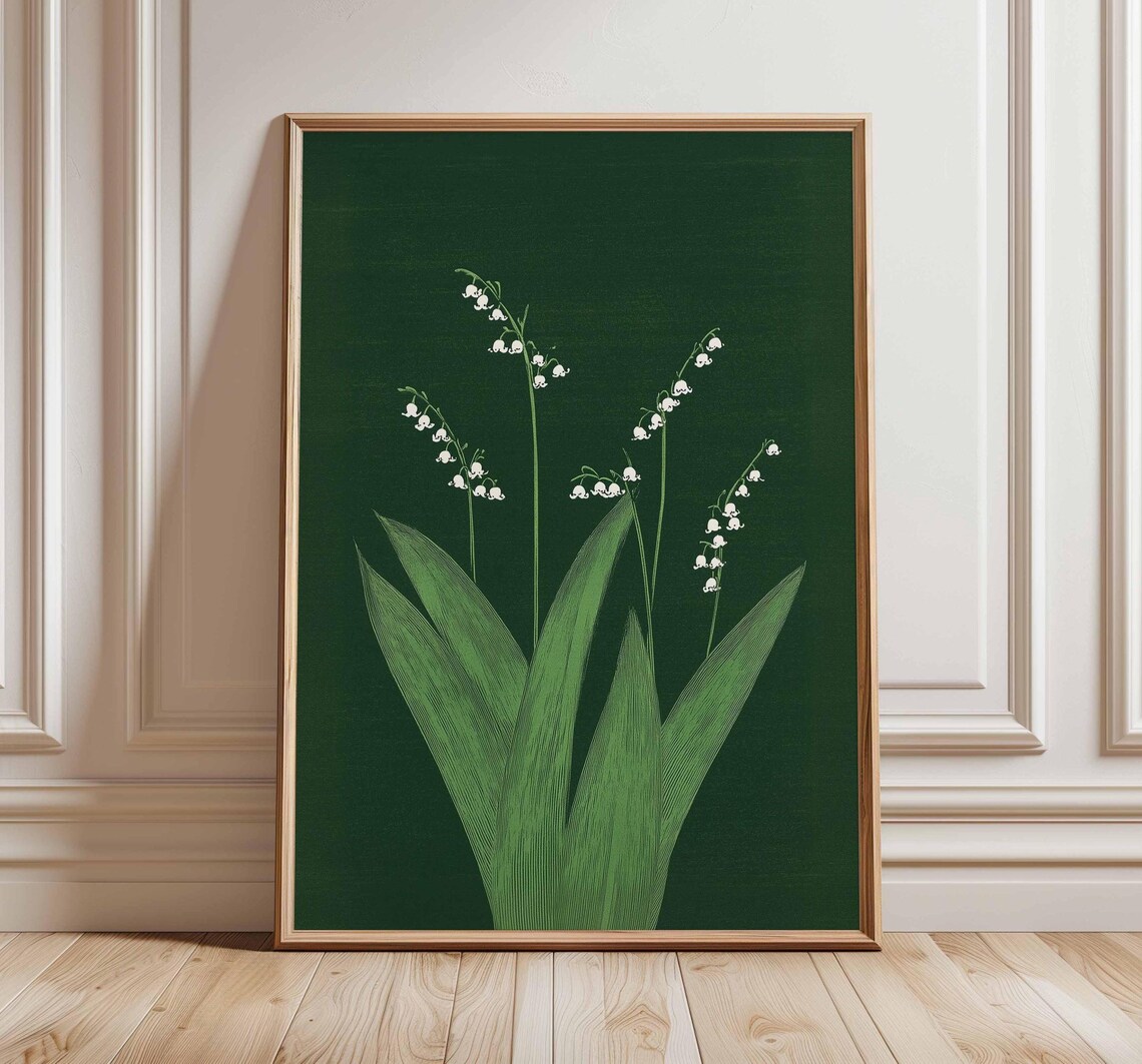 Lily of the Valley Botanical Print Dark Green Floral Artwork
