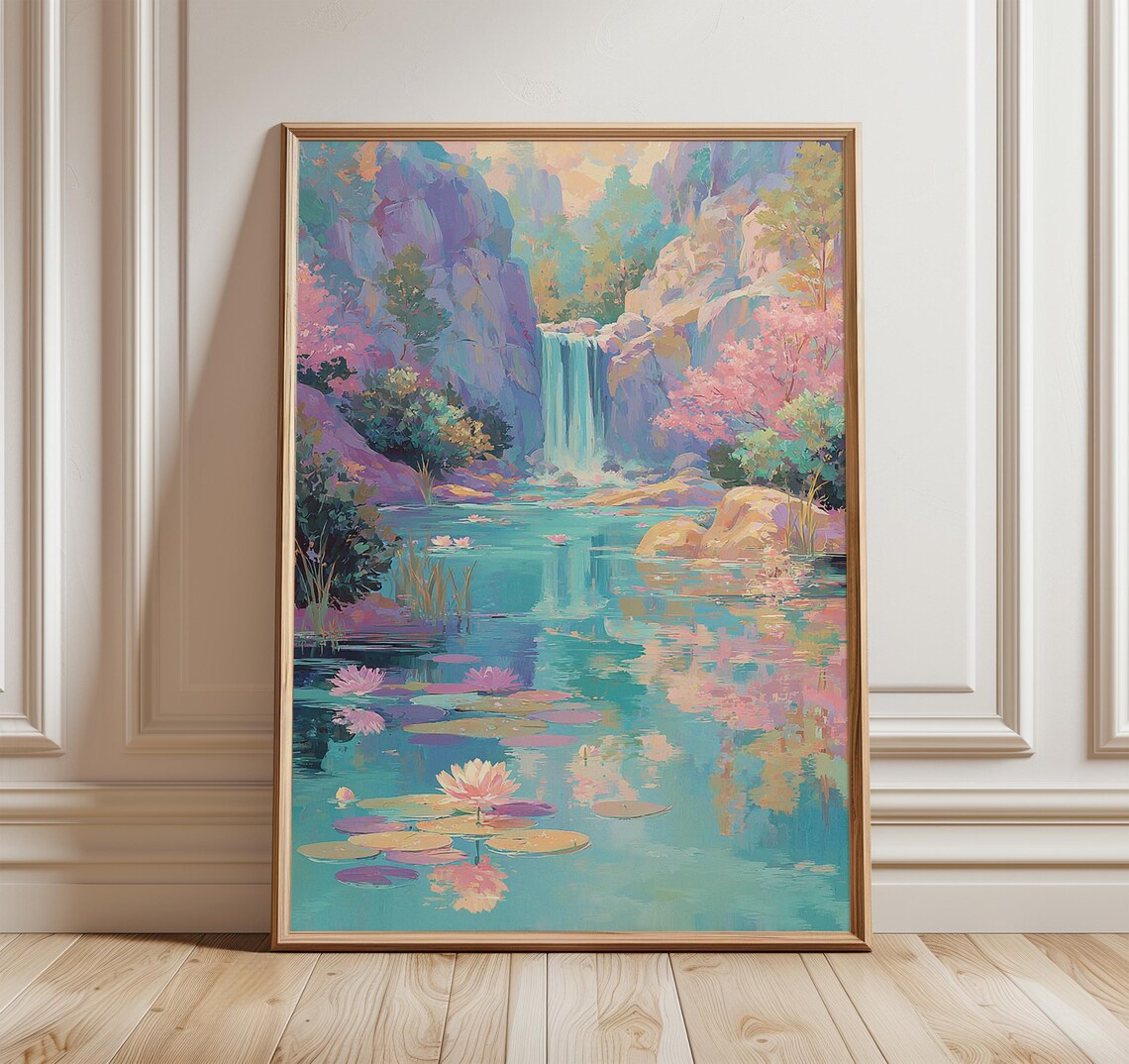 Waterfall Pond Poster, Dreamy Pastel Landscape