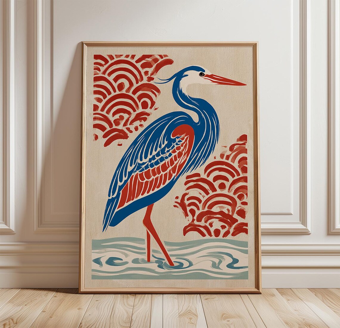 Blue and Red Heron in Japanese Wave Art Style Bird Illustration Poster