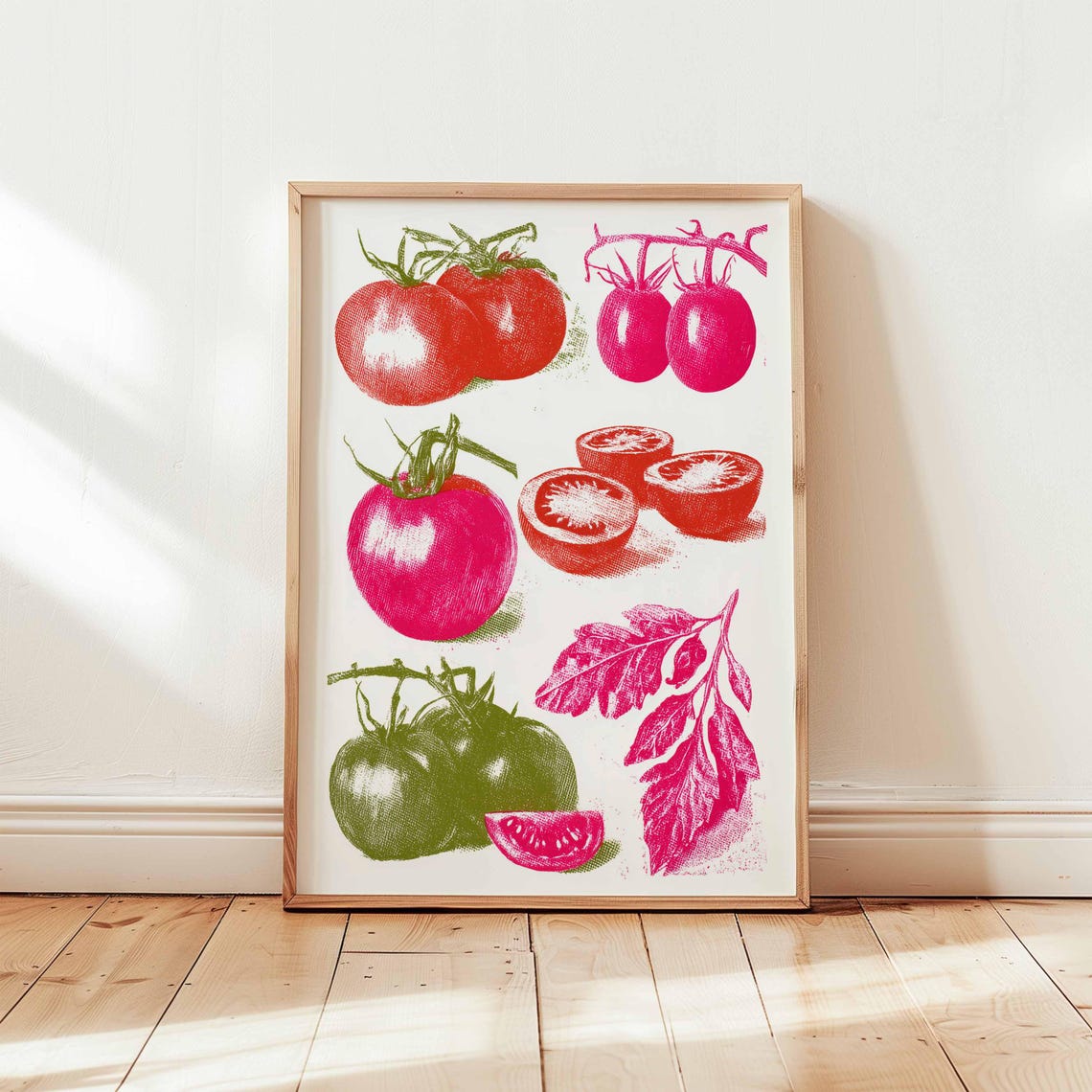 Retro Tomato Illustration Red Pink Green Pop Kitchen Garden Poster