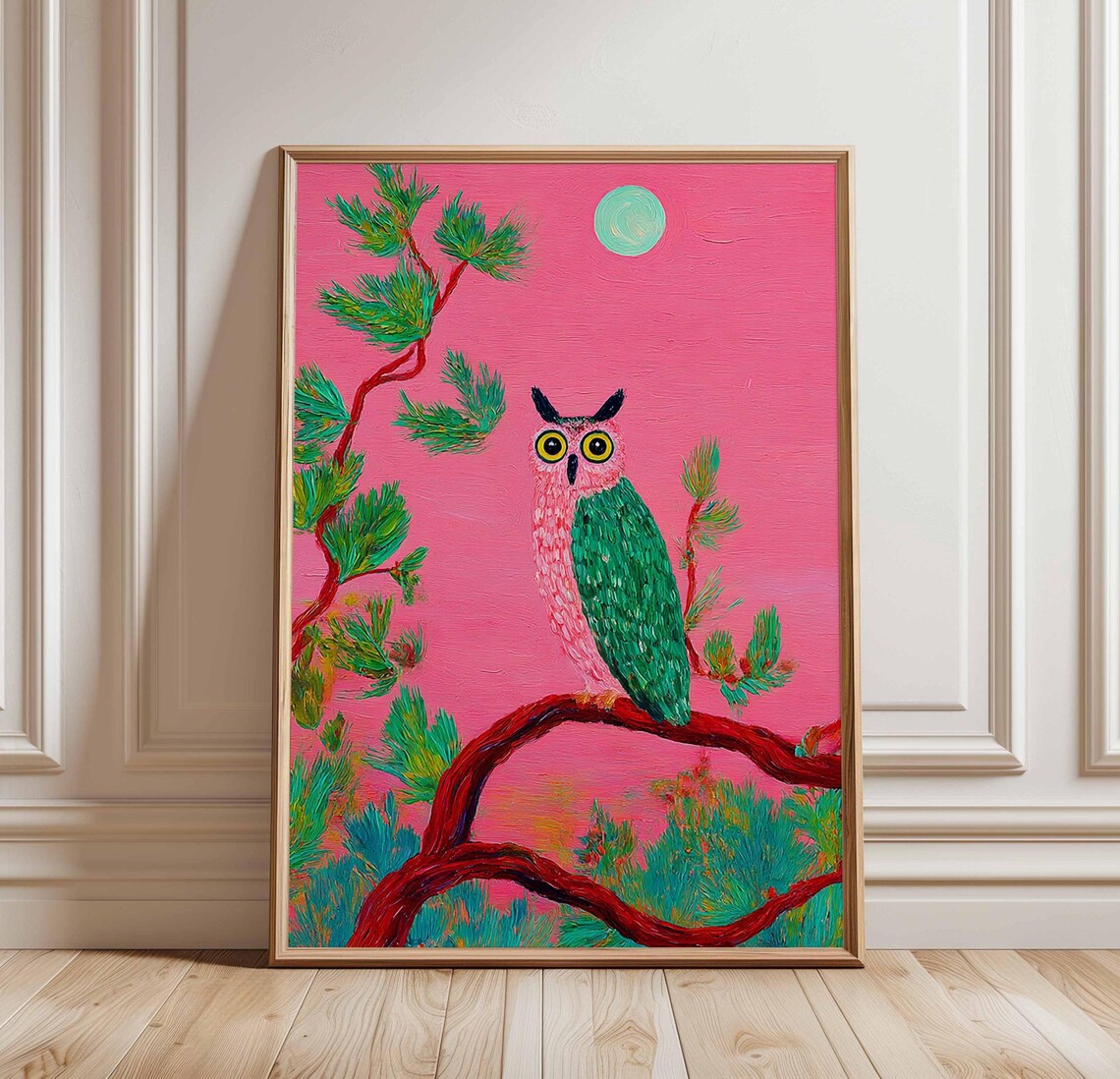 Colorful Owl on Red Pine Branch With Moon Pink Night Sky Poster
