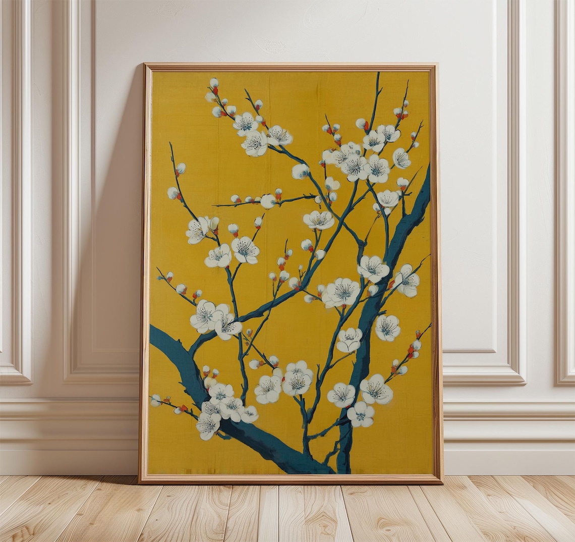 Cherry Blossom Gold Poster Japanese White Flowers Floral Elegant Wall Decor