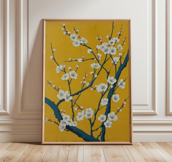 Cherry Blossom Gold Poster Japanese White Flowers Floral Elegant Wall Decor