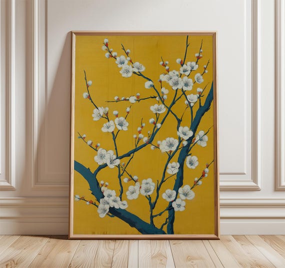 Cherry Blossom Poster Print Yellow Floral Wall Art Japanese Plum Tree Decor Oriental Flower