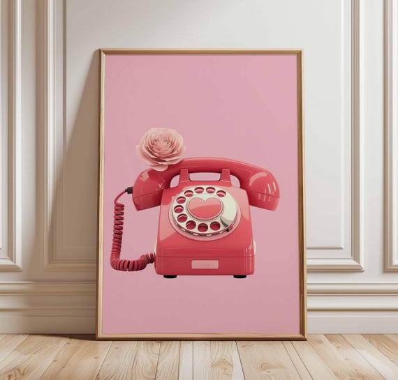 Retro Phone Poster Pink Vintage Wall Art Cute Love Decor Print Heart Dial Illustration Girly Room Artwork