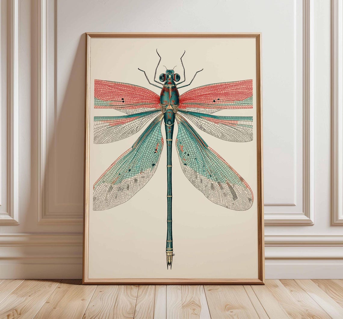 Dragonfly Wall Art Print Vintage Insect Poster Botanical Nature Illustration Entomology Decor Pastel Unframed