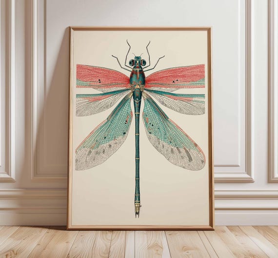 Dragonfly Wall Art Print Vintage Insect Poster Botanical Nature Illustration Entomology Decor Pastel Unframed