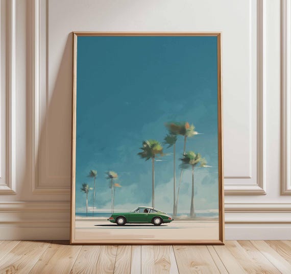 Vintage Car Wall Art Print Retro Palm Tree Coastal Poster Mid Century Modern Beach Drive Summer Aesthetic Minimalist Home Decor Unframed