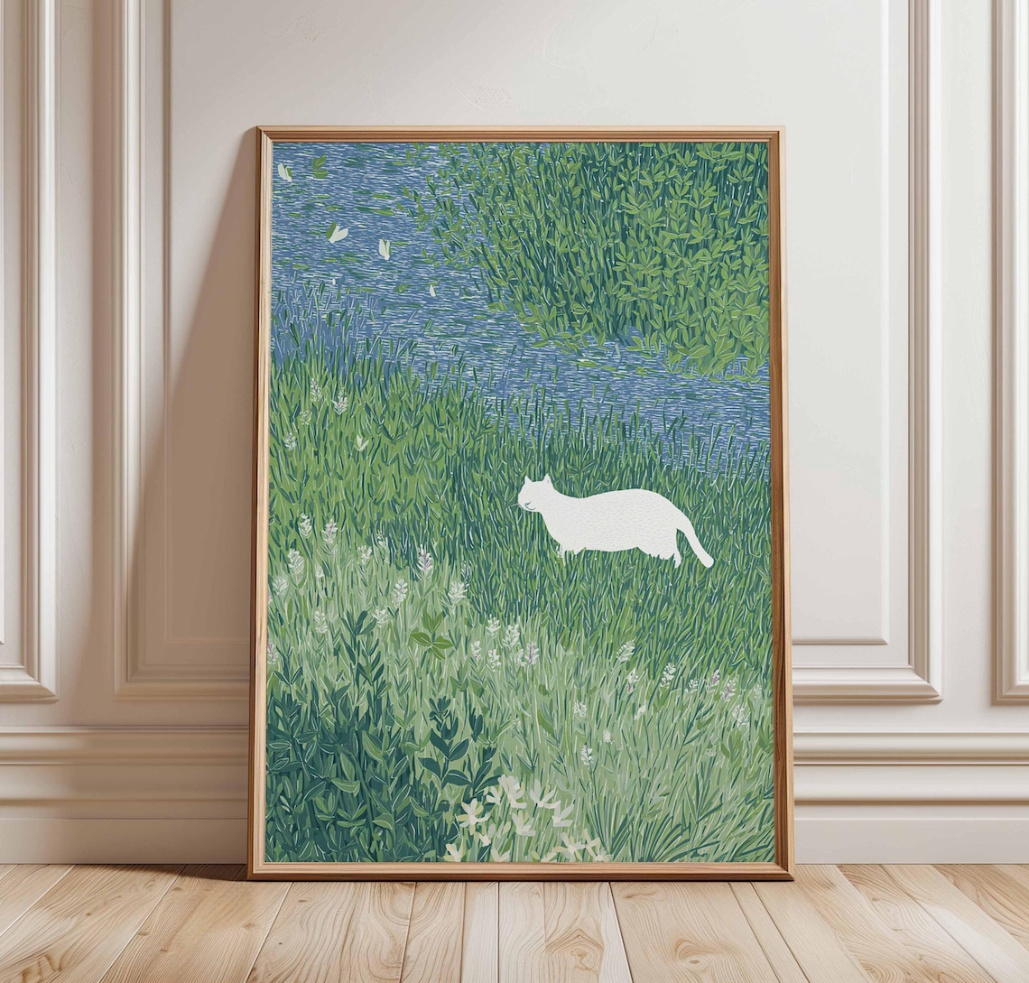 White Cat In Meadow Whimsical Animal Art Print