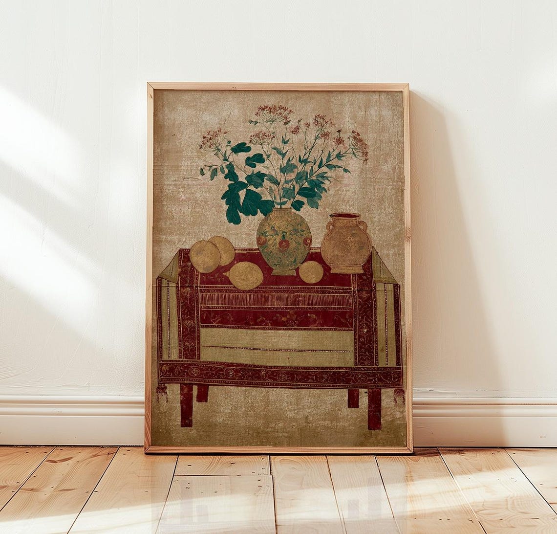 Vintage Still Life Flower Vase on Antique Patterned Table Print