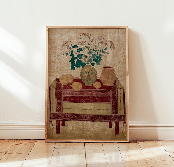 Vintage Still Life Flower Vase on Antique Patterned Table Print