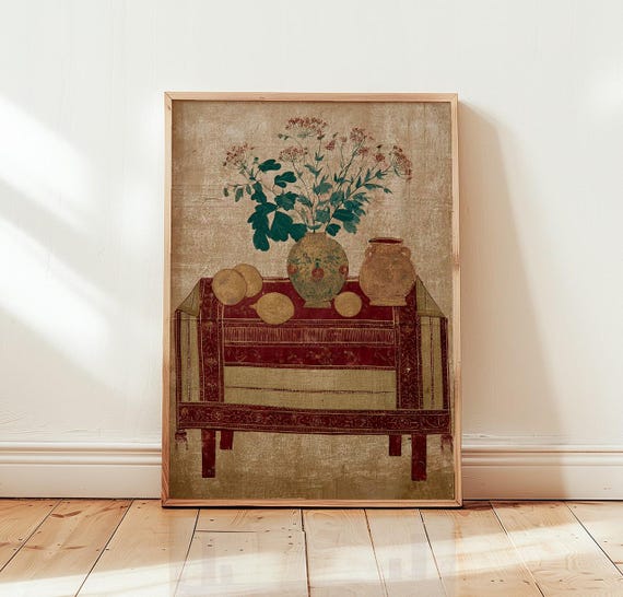 Vintage Still Life Table Print Botanical Vase Wall Art Antique Fruit Painting Poster