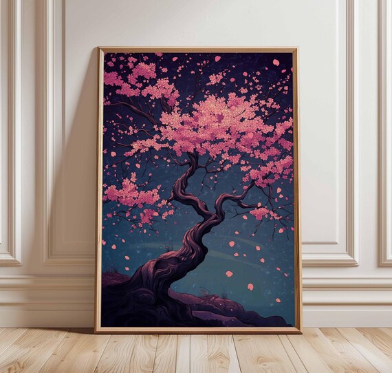Midnight Cherry Blossom Tree Pink Sakura Night Sky Art Poster