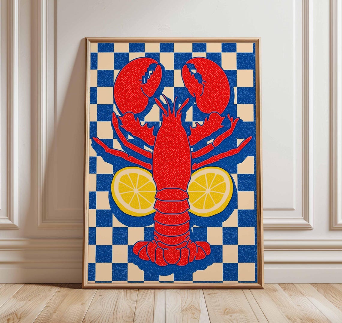Red Lobster Coastal Blue Checkered Retro Seafood Kitchen Poster