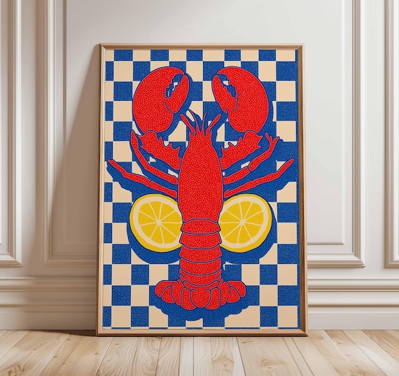 Lobster Poster Coastal Wall Art With Red And Lemons Seafood Kitchen Decor Bold Blue Checkered Retro Print For Dining Room