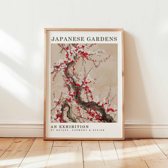 Japanese Garden Cherry Blossom Poster Red And White Floral Wall Art Zen Nature Exhibition Print Minimalist Unframed Decor