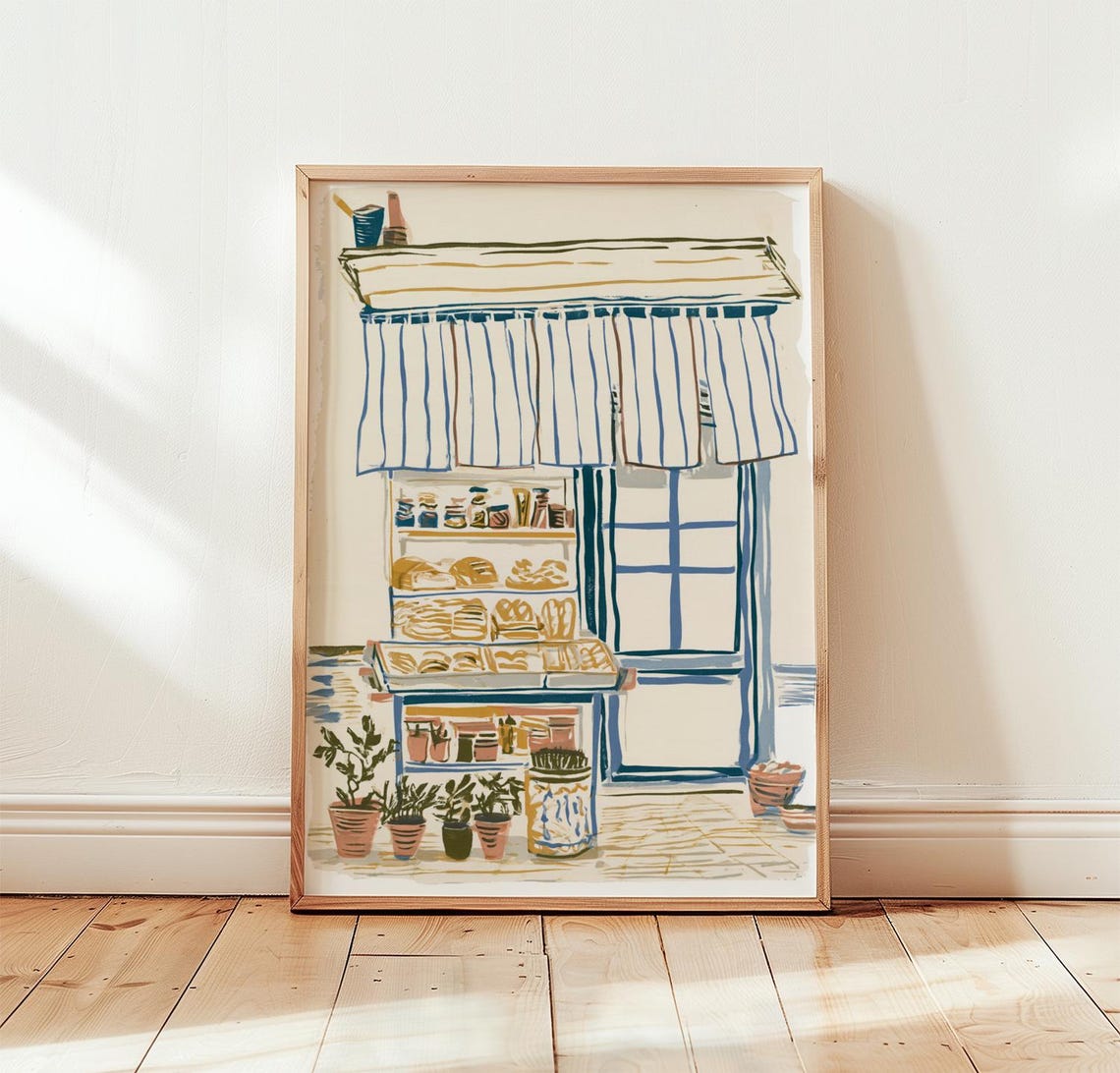 Charming Blue Bakery Storefront Sketch Striped Awning Art Poster