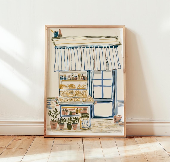 Charming Blue Bakery Storefront Sketch Striped Awning Art Poster