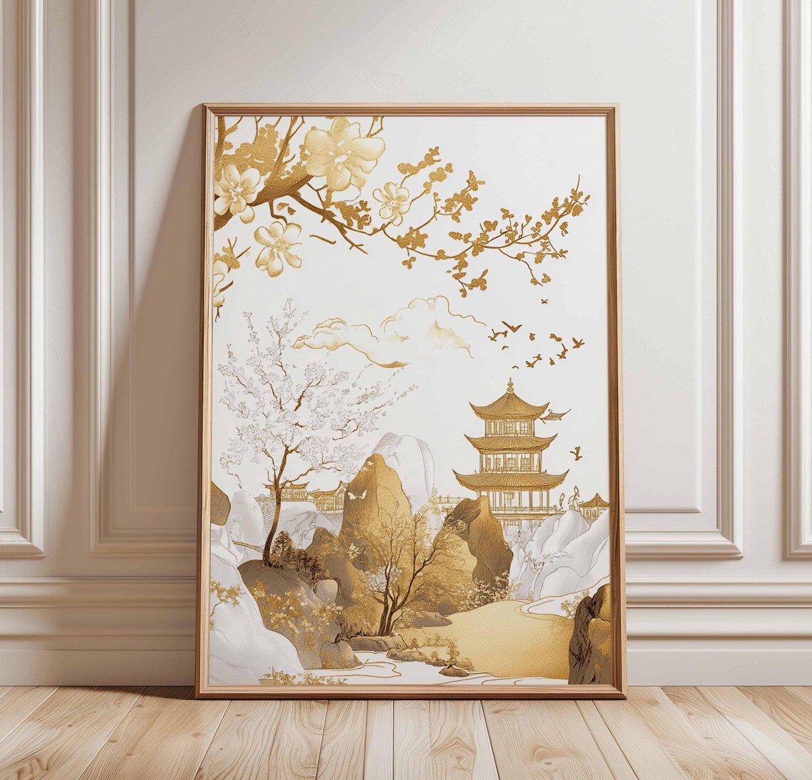 Golden Pagoda Cherry Blossom Birds Misty Mountain Art Poster