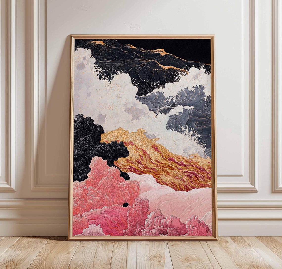 Pink And Gold Abstract Ocean Waves Mountain Ridges Art Poster
