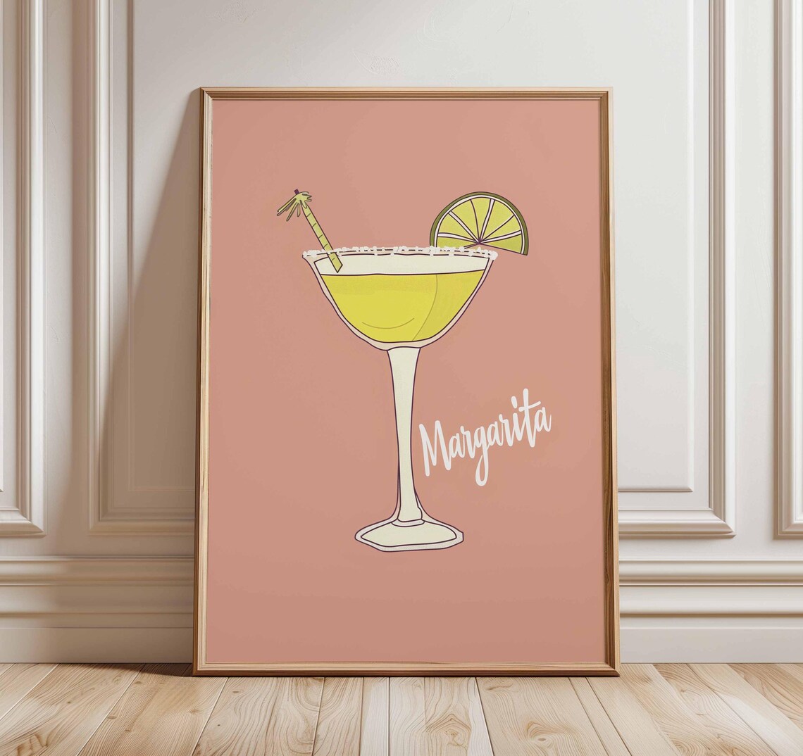 Margarita Cocktail Poster With Palm Straw Lime Wheel On Dusty Pink Style