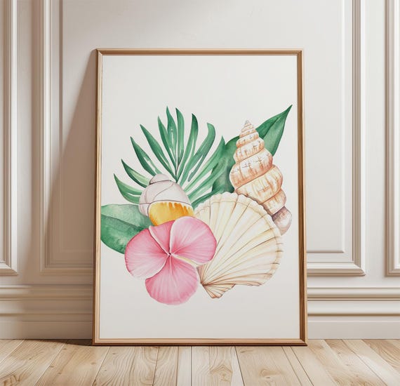 Tropical Seashell Poster Print Coastal Shell And Hibiscus Wall Art Beach House Botanical Decor